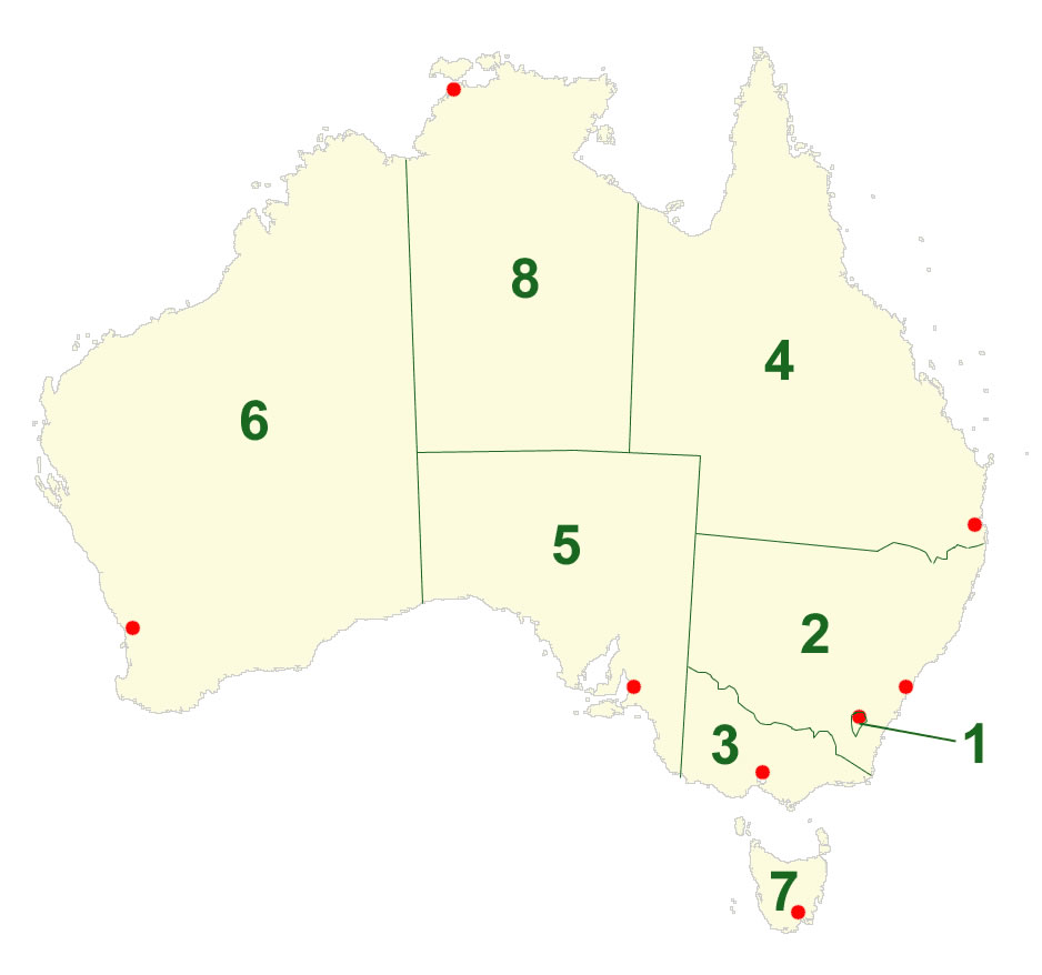 Carte Australie vierge numéros régions