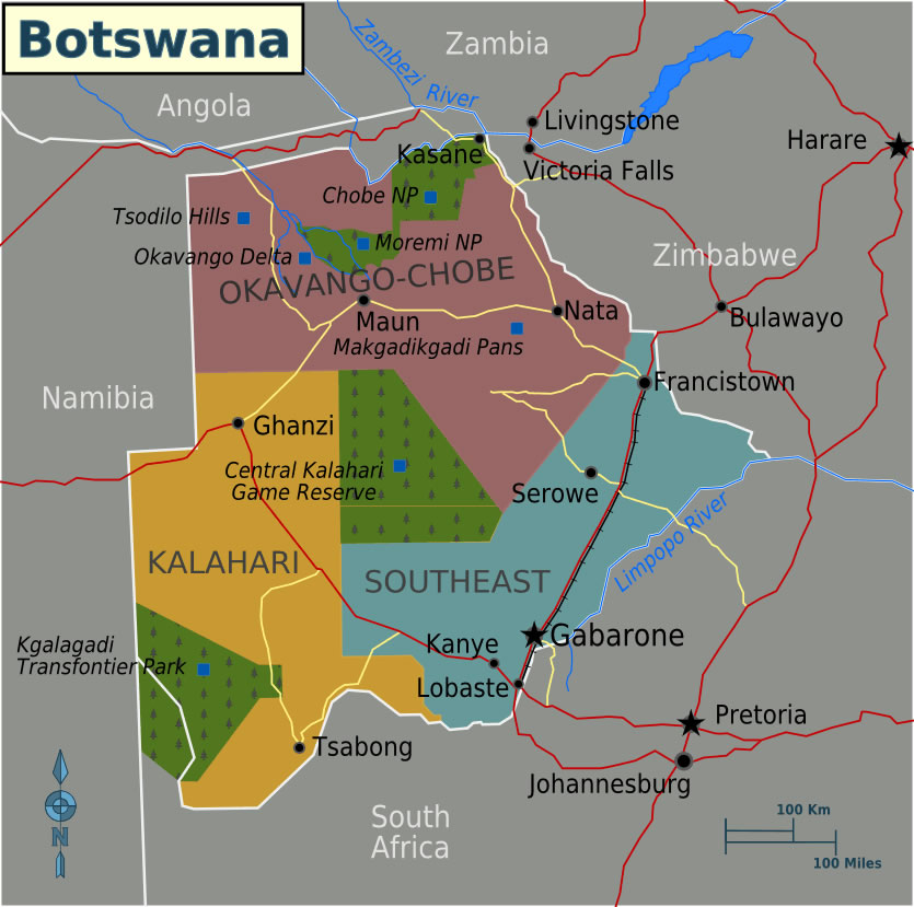 Carte régions Botswana couleur