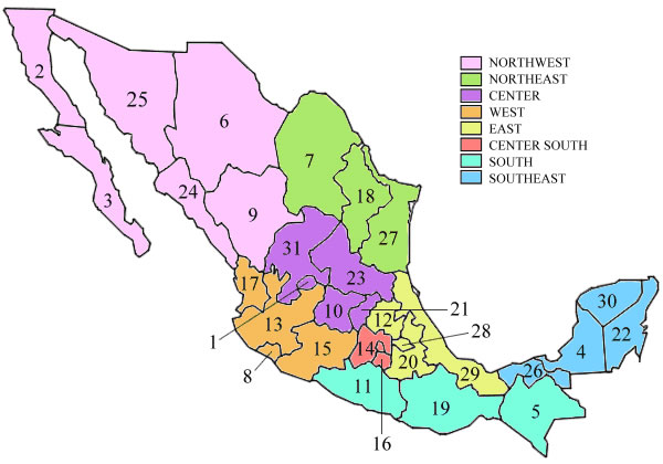 Carte Mexique vierge numéros régions