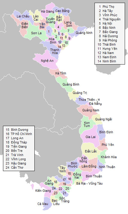 Carte Viêt Nam vierge numéros régions